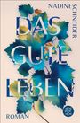 „Nadine Schneider“ und „Das gute Leben“. Unter den Texten ein Arrangement aus grün-blauen Blättern.