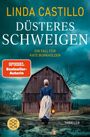 Text: LINDA CASTILLO, DÜSTERES SCHWEIGEN, EIN FALL FÜR KATE BURKHOLDER, SPIEGEL Bestseller-Autorin, THRILLER. 

Eine Frau in traditioneller Kleidung trägt eine Laterne. Sie geht zu einer Scheune.