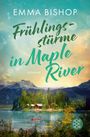 "Frühlingsstürme in Maple River" von Emma Bishop. Ein idyllischer See mit roten Kanus und Hütten, eingebettet in Berge.
