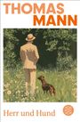 Text: Thomas Mann, Herr und Hund. Illustration: Ein Mann im Anzug mit Hut steht neben einem Hund in einer blühenden Wiese.