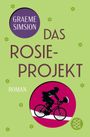 "Graeme Simsion. Das Rosie-Projekt. Roman." Silhouette einer Person auf Fahrrad in Kreis, grüne Blüten auf grünem Hintergrund.