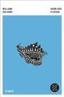 Text: William Golding, Herr der Fliegen, Roman. Illustration: Schwarz-weiße Maske auf blauem Hintergrund.
