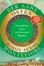 "Der Nahe Osten: Geschichte einer zerrissenen Region" Simon Sebag Montefiore. Unten Landschaft mit Gebäuden und Logo.