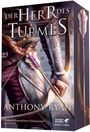 Texte: "DER HERR DES TURMES" von Anthony Ryan. Illustrierter Bogenschütze mit Pfeil, mittelalterlicher Stil.