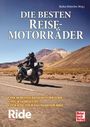 Titel: "DIE BESTEN REISE-MOTORRÄDER". Ein Motorradfahrer fährt auf einer Straße in einer bergigen Wüstenlandschaft.