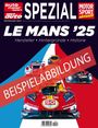 „LE MANS '25. Hersteller, Hintergründe, Historie. BEISPIELABBILDUNG.“ Vier Rennwagen auf rotem, weißem und blauem Streifen.