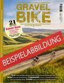 Der Text hebt "BEISPIELABBILDUNG" und "Gravel Bike" hervor. Im Hintergrund fahren Radfahrer durch eine grüne Hügellandschaft.