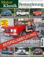 Magazincover mit "Motor Klassik", "Restauration", "BEISPIELABBILDUNG", Autonamen und Preisen in verschiedenen Ländern.