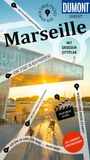 Reiseführercover "Marseille" mit Texten wie "EINE STADT IN DER PUBERTÄT" und "MIT GROSSEM CITYPLAN". Im Hintergrund moderne Architektur.