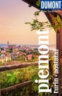 Text: "DUMONT Reise-Taschenbuch", "piemont", "turin · aostatal".  
Logo oben rechts.  
Ansicht einer malerischen Stadtlandschaft.