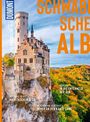 Texte: SCHWÄBISCHE ALB, REGIONAL & GUT, HÖHLEN, WANDERN AM ALBTRAUF. Burg auf steilem Felsen, umgeben von buntem Herbstwald.