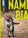 Text: "DUMONT", "Bildatlas Namibia". Ein Leopard läuft dynamisch über eine trockene Landschaft.