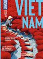 Große blaue Schrift "VIETNAM", rote Räucherstäbchen, Person mit Hut, Texte: "Tolerantes Miteinander", "Stilvoll übernachten".