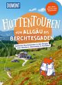 Hüttentouren vom Allgäu bis Berchtesgaden. Illustration: Berge, Hütten, Pfad, oranger Rucksack, blauer Himmel.