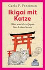 "Ikigai mit Katze – Oder was ich in Japan fürs Leben lernte." Illustration: Eine Katze vor einem Torii mit Stempeln.