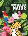 Texte: "Wunder der Natur", "30 einzigartige Motive". Illustration eines Papageien und Leoparden in tropischer Umgebung.