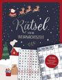 „Rätsel für die Weihnachtszeit“, oben ein Weihnachtsmann mit Rentieren, unten ein Wortsuchrätsel und ein Kreuzworträtsel.