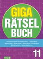 GIGA RÄTSEL BUCH. Kreuzworträtsel, Schwedenrätsel, Silbenrätsel u.v.m. Lilafarbener Hintergrund mit Rätselmuster.