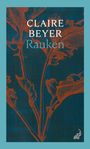 "CLAIRE BEYER Rauken", Illustration mit roten floralen Mustern auf dunkelblauem Hintergrund, elefantenförmiges Logo.