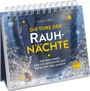 Ein Kalender zeigt einen Hirsch im Wald mit Schneeflocken. Titel: "Die Tore der Rauhnächte".