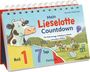 „Mein Lieselotte Countdown“ in großen Buchstaben. Illustration mit einer Kuh und spielenden Hühnern, Zahlen 1 und 7.