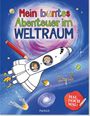 "Mein buntes Abenteuer im WELTRAUM", Schriftzug in farbenfroher Schrift, Illustration: Kinder im Raumschiff, Planeten, Galaxie.
