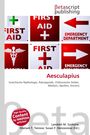 "Aesculapius" in Rot, darunter Begriffe zur griechischen Mythologie. Oben Logos mit "FIRST AID" und medizinischen Symbolen.