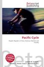 "Pacific Cycle" in roter Schrift; unscharfer Radfahrer vor dramatischem Himmel, Betascript Publishing-Logo.