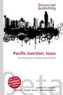 "Pacific Junction, Iowa. Iowa, Burlington and Missouri River Railroad." Schwarz-weiße Stadtsilhouette mit Verzierungen.