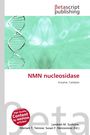 Text "NMN nucleosidase" in Rot, darunter "Enzyme, Catalysis". Links DNA-Helix vor grünem Hintergrund, oben Logo.