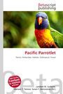 Text: "Pacific Parrotlet. Parrot, Psittacidae, Habitat, Subtropical, Forest." Ein bunter Papagei vor grünem Hintergrund.