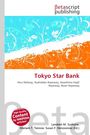 "Betascript Publishing", "Tokyo Star Bank", "Aizu Railway, Asahidake Ropeway", über floraler Illustration in Blau und Orange.