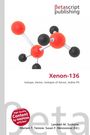 Betascript Publishing. Xenon-136. Isotope, Xenon, Isotopes of Xenon, Iodine Pit. Molekül-Illustration mit roten und schwarzen Kugeln.