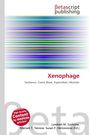 Der Text lautet: "Xenophage: Sentience, Comic Book, Supervillain, Monster". Bunte horizontale Streifen dominieren die Mitte.