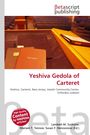 Ein Buchcover mit "Yeshiva Gedola of Carteret," darunter ein Pult mit Büchern.