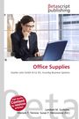 Logo: "Betascript publishing". Titel: "Office Supplies". Frau am Laptop, denkt nach, modernes Büro im Hintergrund.