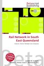 "Rail Network in South East Queensland" in roter Schrift. Grüne geometrische Formen und bunte Streifen.