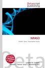 „NPAS3, Protein, Gene, Transcription Factor“. Oben ein Logo „βetascript publishing“. Blaue DNA-Helix auf schwarzem Hintergrund.