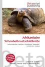 Afrikanische Schnabelbrustschildkröte. Foto einer großen Schildkröte auf Erde. Logo: Betascript Publishing.