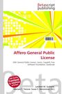 "Affero General Public License" steht in Rot, darunter Lizenzinformationen. Ein dynamisches gelb-oranges Design mit Quadraten.
