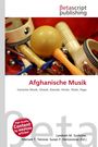 "Afghanische Musik. Iranische Musik, Ghasel, Kasside, Hindu-Shahi, Raga." Verschiedene Musikinstrumente liegen auf rotem Hintergrund.