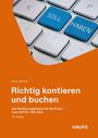 "SOLL" und "HABEN" auf blauen Tasten einer Tastatur, darunter orange Fläche mit Text: "Richtig kontieren und buchen" von Haufe.