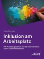 Text: "Nadine Schönwald, Inklusion am Arbeitsplatz, HR-Prozesse gestalten und die Unternehmenskultur positiv beeinflussen, HAUFE." Oben eine Hand mit einem Stift, die bunte Kreidefarben in Blau, Grün, Gelb, Orange und Rot verteilt.