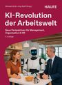 Text: "KI-Revolution der Arbeitswelt. Neue Perspektiven für Management, Organisation & HR. 2. Auflage."  
Eine Frau, ein Roboter und ein Mann sitzen zusammen an einem Tisch mit Kaffee.