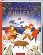 "Weihnachten auf Kullerö" oben. Zwei Kinder ziehen einen Schlitten mit Geschenken; ein Hund läuft voraus. Winterliche Szene.
