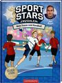 „SPORT STARS ERZÄHLEN: Mein Traum vom Handball“. Illustration von spielenden Handballspielern und ein porträtiertes Gesicht.
