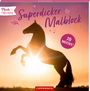 "Pferde FREUNDE Superdicker Malblock 70 Motive!" – Silhouette eines sich aufbäumenden Pferdes vor einem Sonnenuntergang.