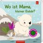 „Wo ist Mama, kleiner Eisbär?“ Illustration eines lächelnden Eisbären mit einem Vogel, Bergen und Eis. Ab 12 Monate.