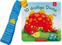 "10 drollige Dinos", "6+ Monate". Illustration eines roten Dinos mit gelben Flecken, einem Ei, einer Fliege und einem Stoffband.
