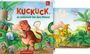 "Kuckuck, es wimmelt bei den Dinos!" zeigt fröhliche Dinosaurier in grüner Landschaft mit Vulkan und Pflanzen.